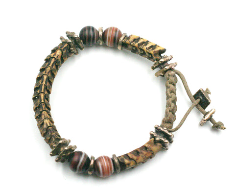 Pit Viper Backbone Bracelet w/ Old World Bronze and Round Banded Agate Beads.