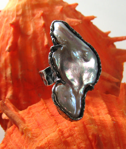 Sterling Silver and Fresh Water Baroque Pearl Ring.