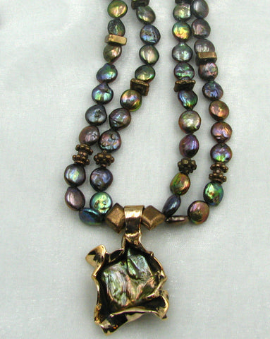 Old World Bronze and Peacock Pearl Pendant / Necklace.
