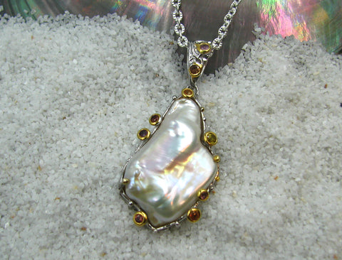 Sterling Silver & F.W. Baroque Pearl Pendant with Colored Sapphires.
