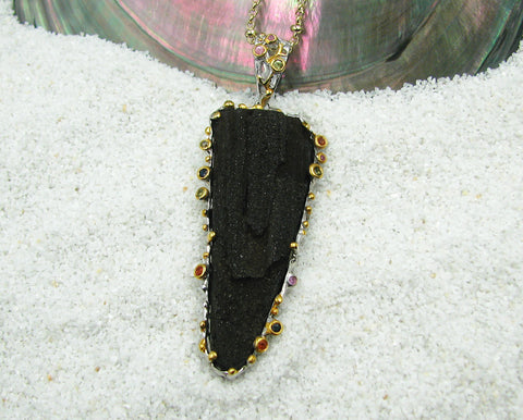 Fossilized Wood set in Sterling Silver Pendant w/ Colored Sapphires.