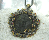 Sterling Silver & Ancient Roman Coin with Colored Sapphires Pendant.