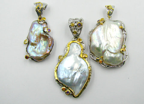 New Sterling Silver Pearl Pendants W/ Colored Sapphires.