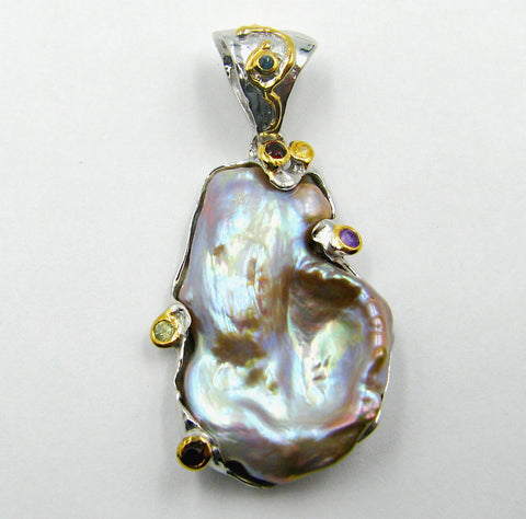 Sterling Silver Pendant w/ fresh water Pearl and Colored Sapphires.