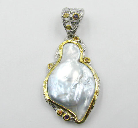 Sterling Silver Pendant W/ Fresh Water Pearl & Colored Sapphires.
