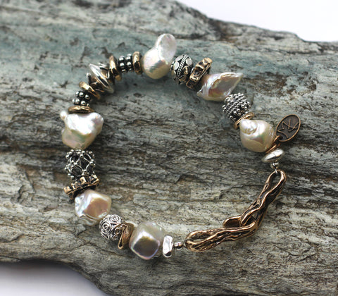 Sterling Silver, Bronze and Pearl Bracelet
