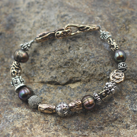 Fresh Water Pearl Bracelet with Sterling Silver and Old World Bronze Accent Beads