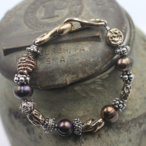 Fresh Water Pearl Bracelet with Sterling Silver & Bronze accent beads