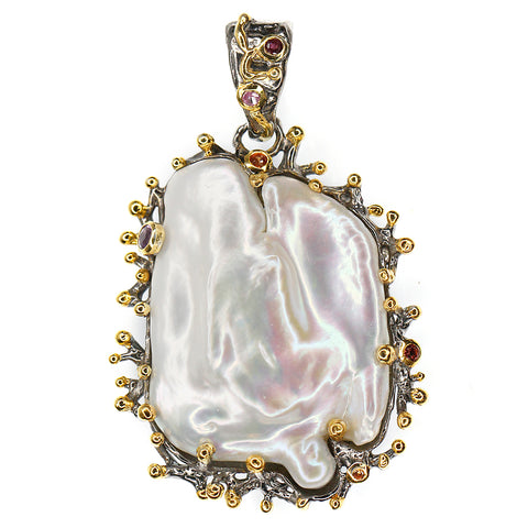 Sterling Silver & Fresh Water Pearl Pendant w/ asstd. Sapphires and Gold Accents.