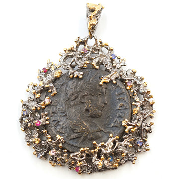 Ancient Roman Bronze Coin Pendant W/ sapphires. #036